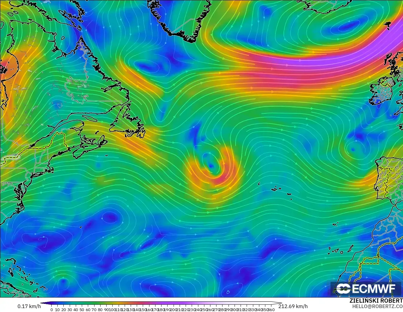 ECMWF IFS 0.25° modelo - Norte Atlántico, Viento a 300 hPa (corriente en chorro)