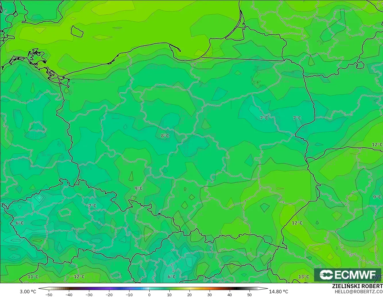ECMWF IFS 0.25° modelo - Polonia, Punto de rocío a 2 m
