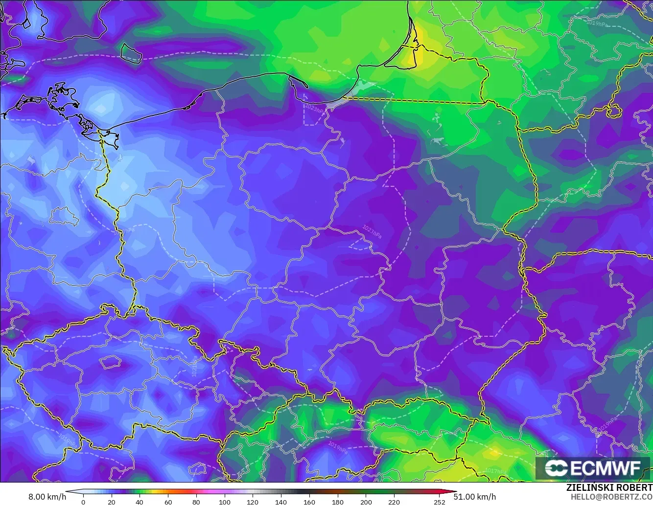 ECMWF IFS 0.25° modelo - Polonia, Ráfagas de Viento Máximas