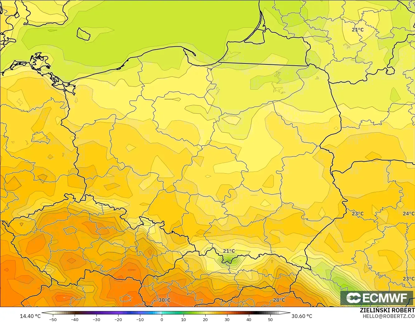ECMWF IFS 0.25° modelo - Polonia, Temperatura a 2 m