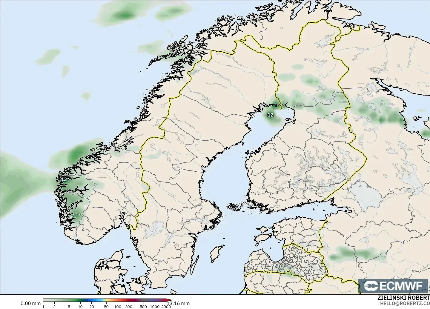 ECMWF IFS 0.25° modelo - Escandinavia, Acumulación de precipitación
