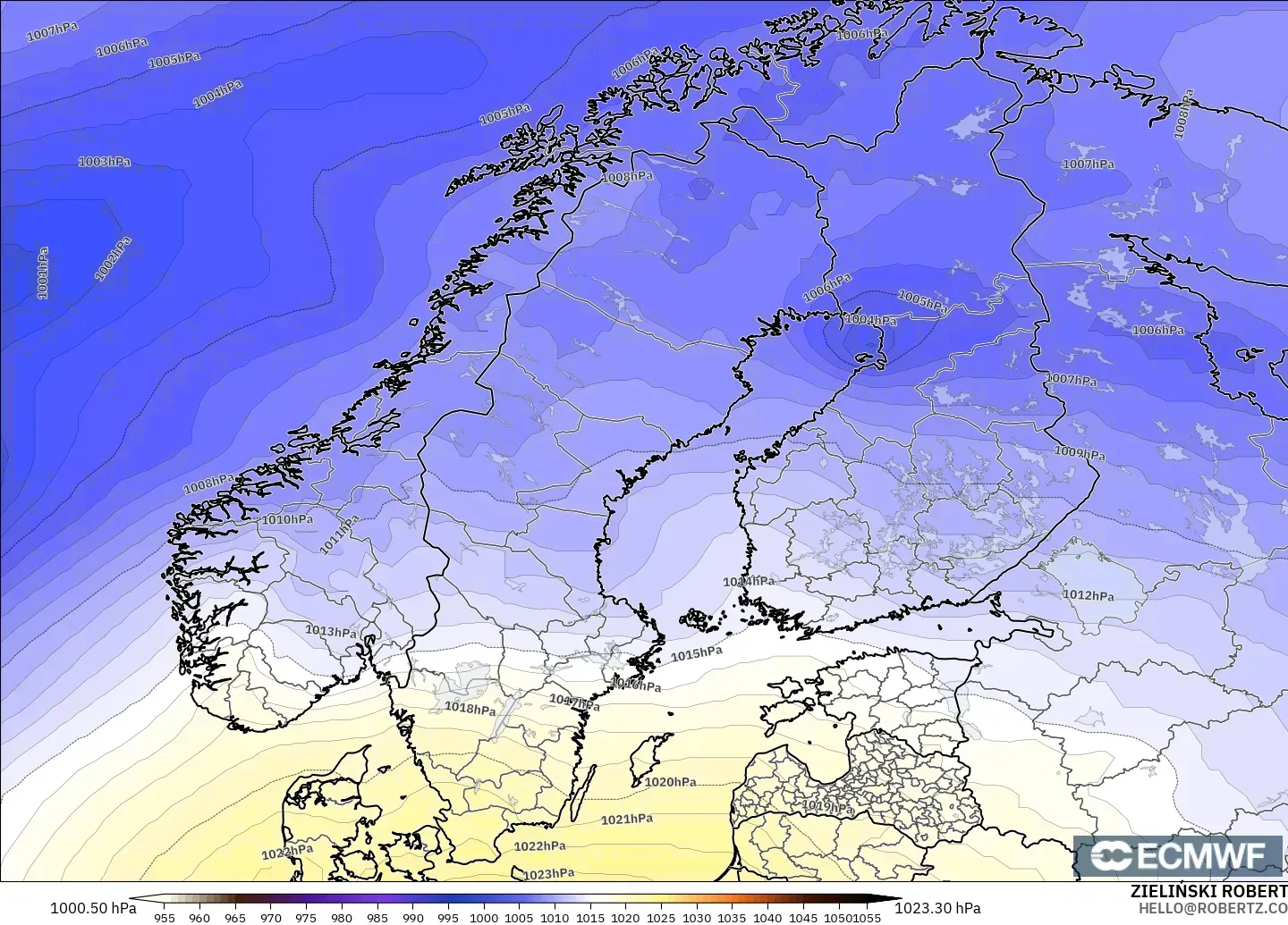 ECMWF IFS 0.25° modelo - Escandinavia, Presión