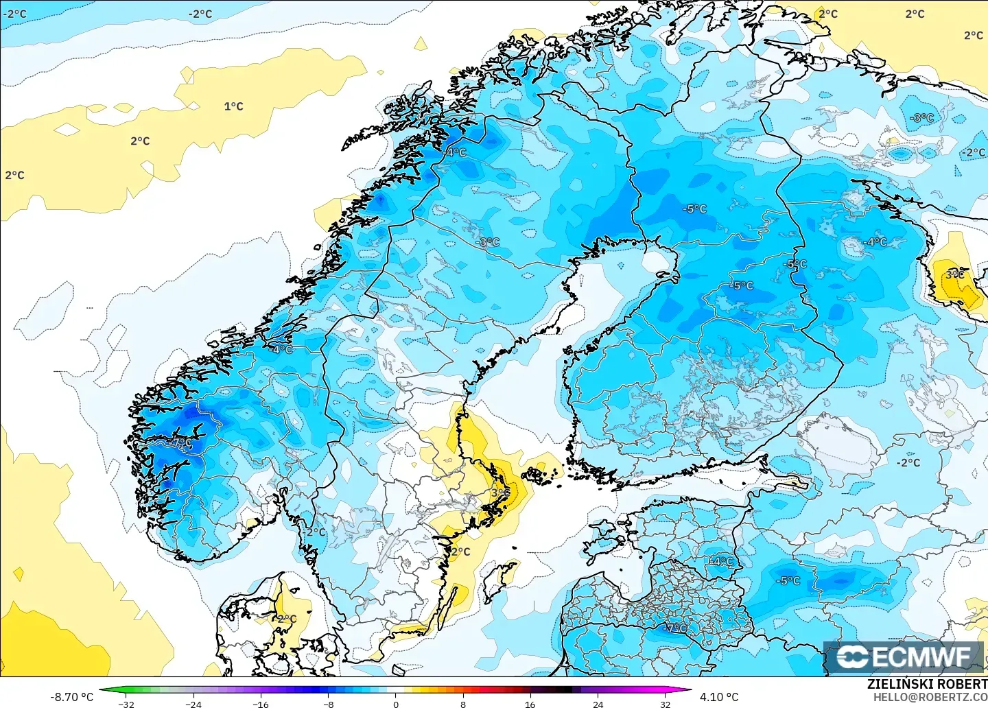 ECMWF IFS 0.25° modelo - Escandinavia, Anomalía de temperatura a 2 m