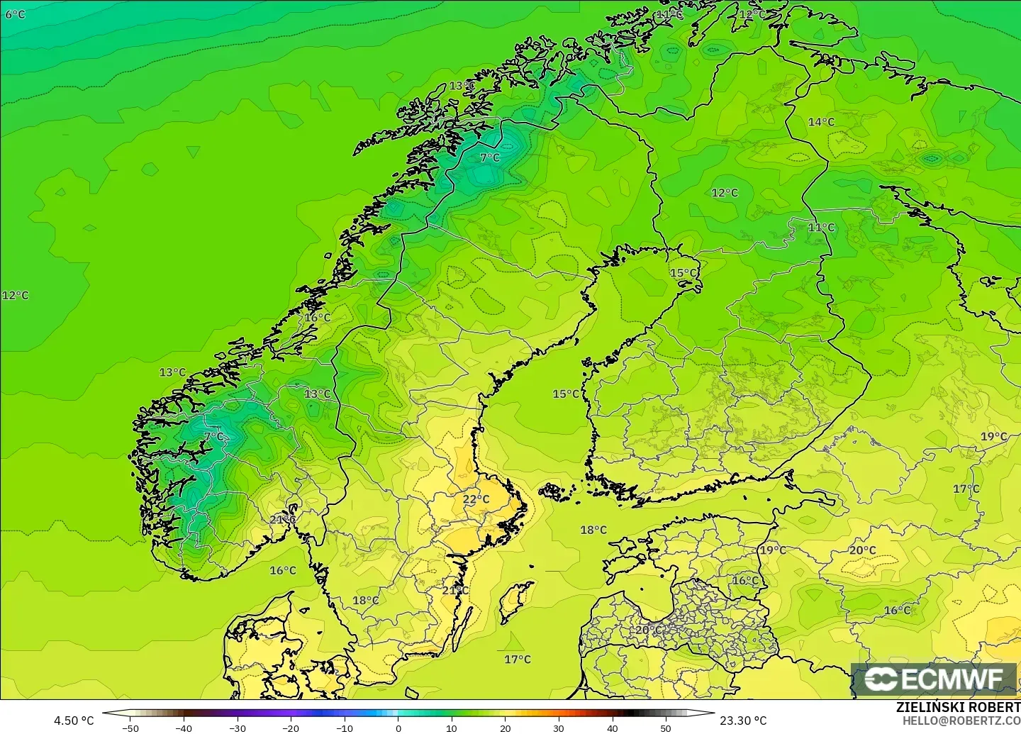 ECMWF IFS 0.25° modelo - Escandinavia, Temperatura a 2 m