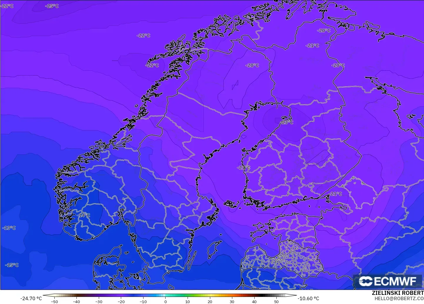 ECMWF IFS 0.25° modelo - Escandinavia, Temperatura a 500 hPa