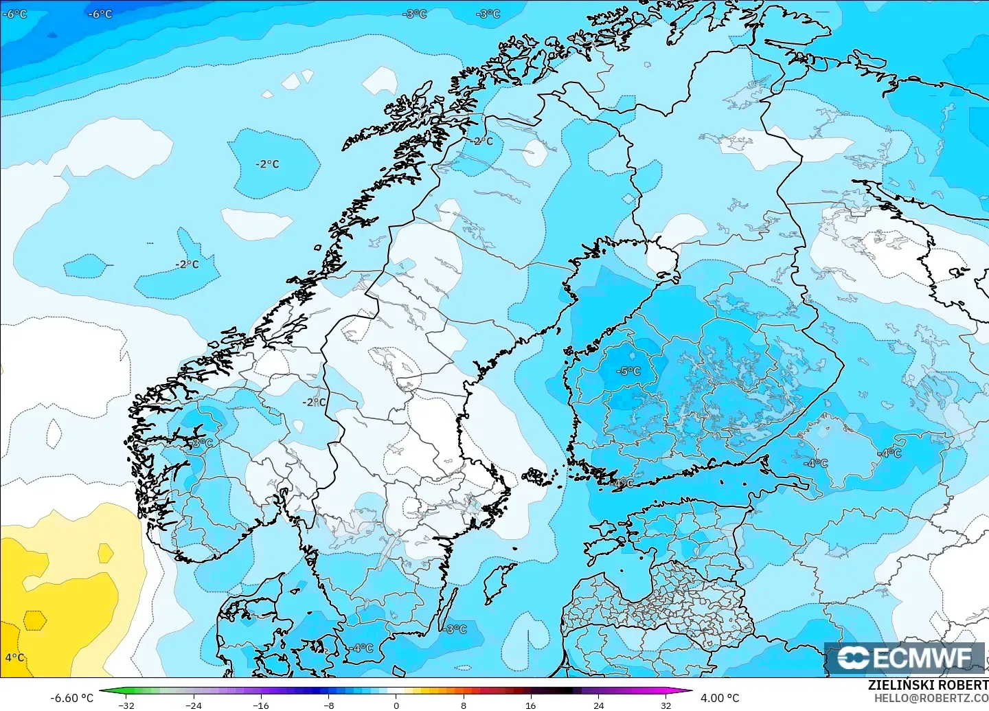 ECMWF IFS 0.25° modelo - Escandinavia, Anomalía de temperatura a 850 hPa