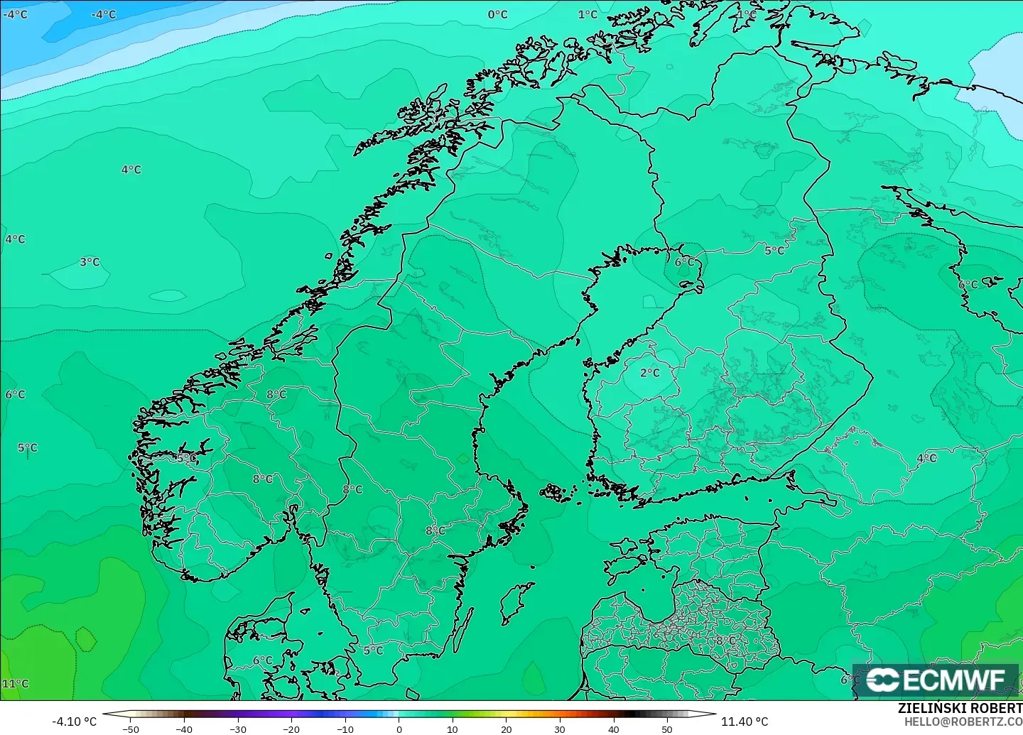 ECMWF IFS 0.25° modelo - Escandinavia, Temperatura a 850 hPa