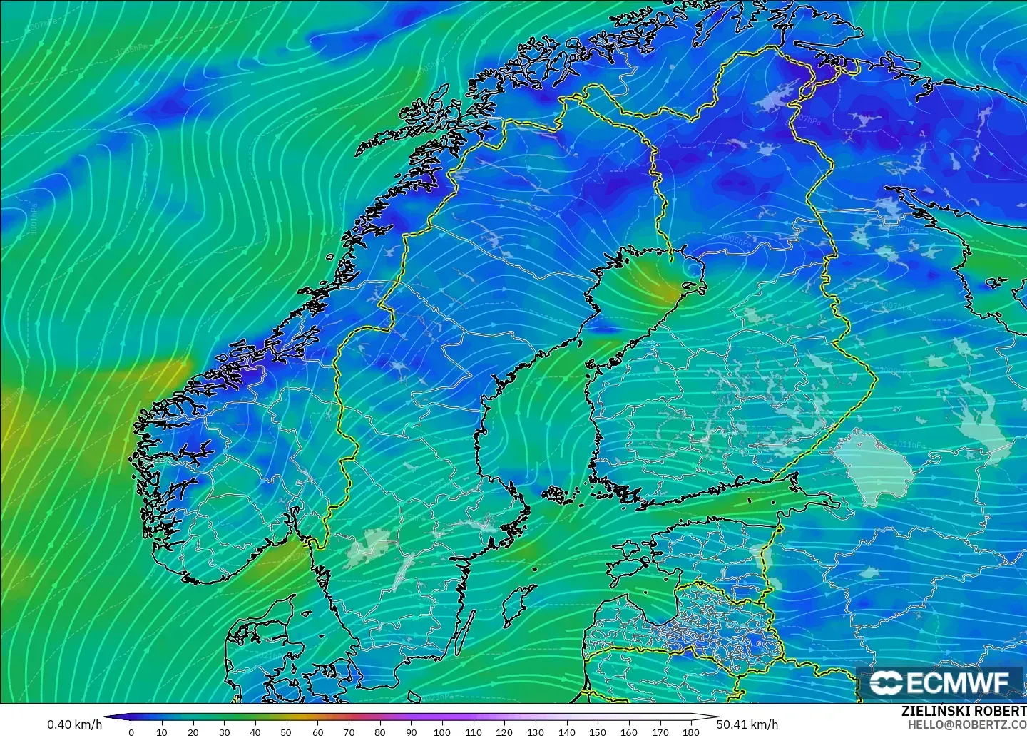 ECMWF IFS 0.25° modelo - Escandinavia, Viento a 10 m