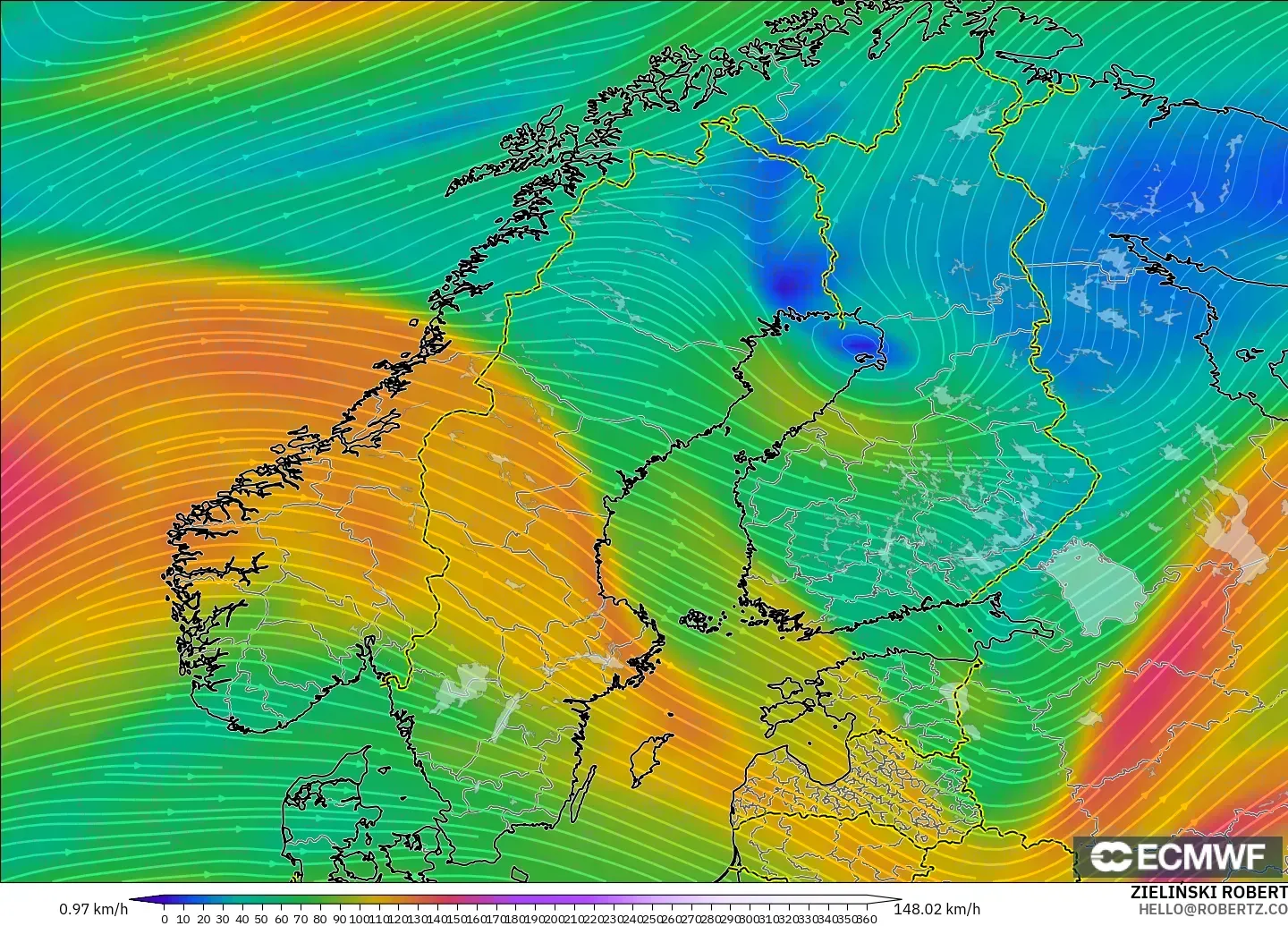 ECMWF IFS 0.25° modelo - Escandinavia, Viento a 300 hPa (corriente en chorro)