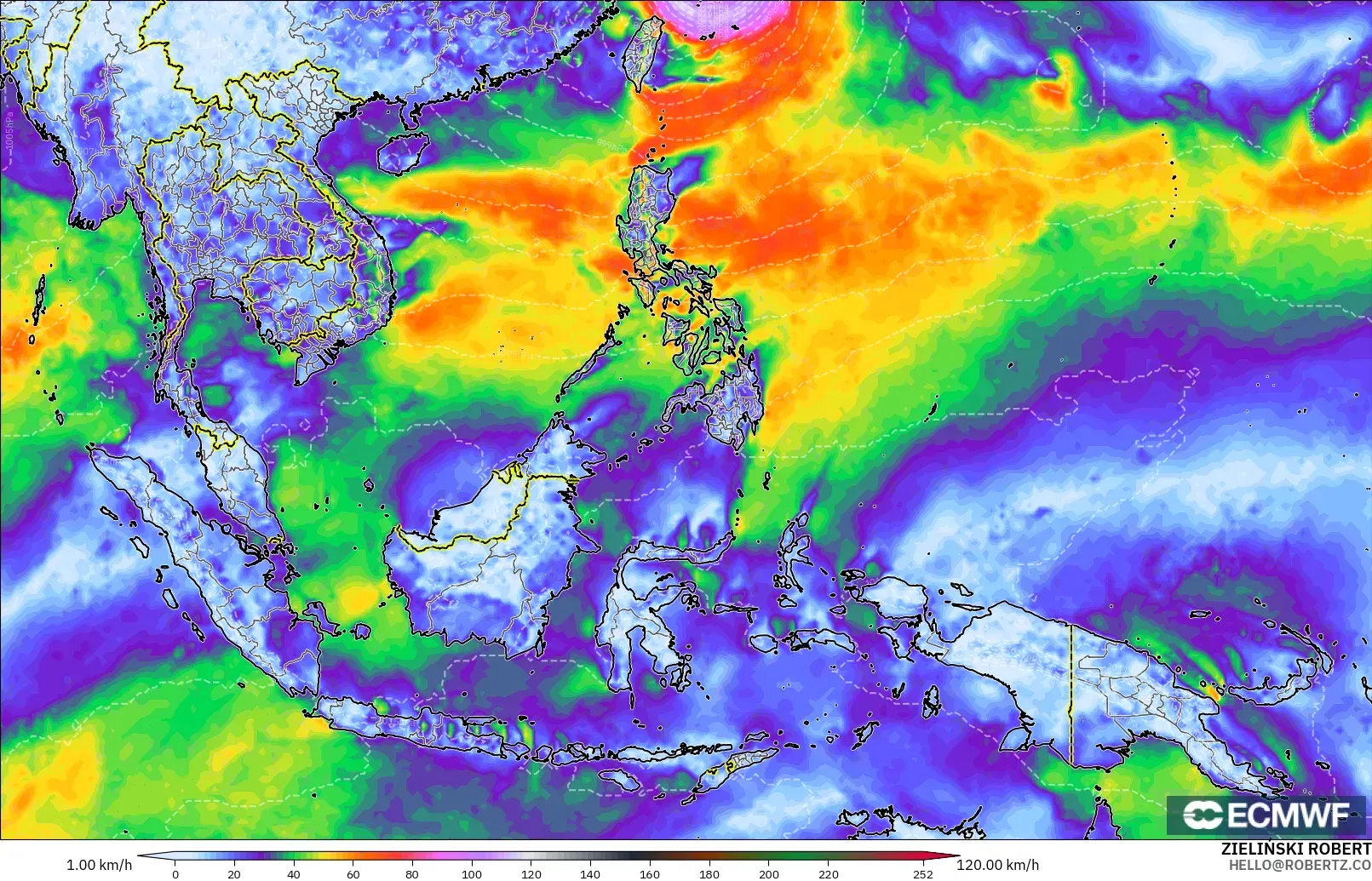 ECMWF IFS 0.25° modelo - Sudeste Asiático, Ráfagas de viento