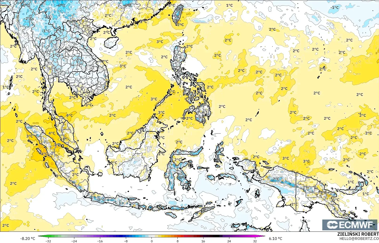 ECMWF IFS 0.25° modelo - Sudeste Asiático, Anomalía de temperatura a 2 m