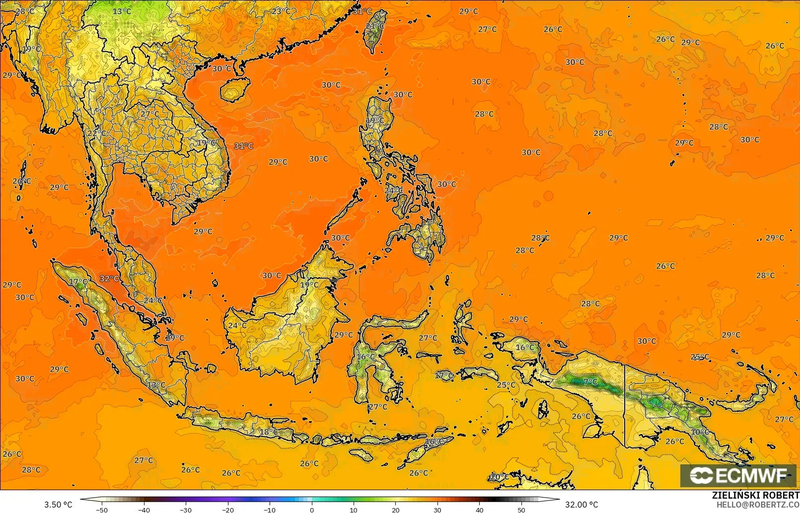 ECMWF IFS 0.25° modelo - Sudeste Asiático, Temperatura a 2 m