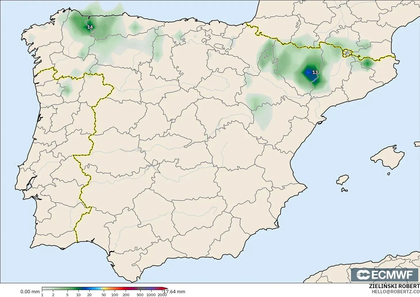 ECMWF IFS 0.25° modelo - España, Acumulación de precipitación