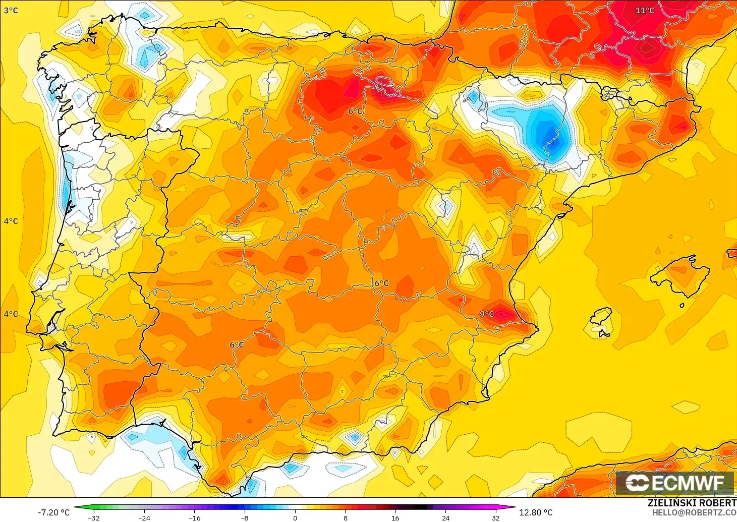 ECMWF IFS 0.25° modelo - España, Anomalía de temperatura a 2 m