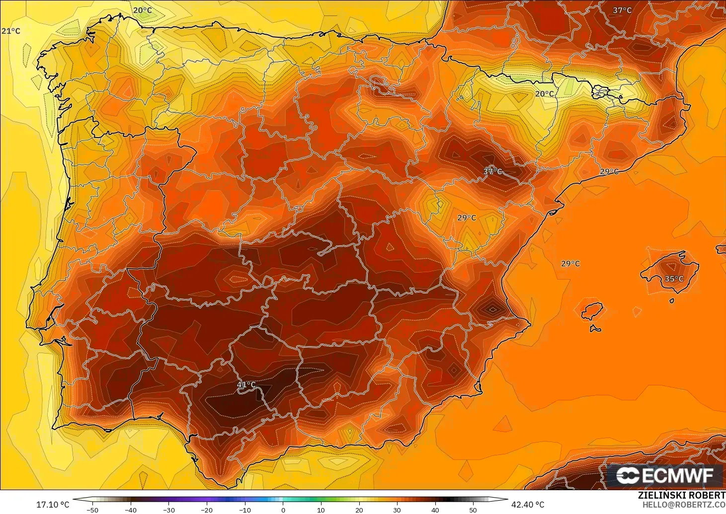 ECMWF IFS 0.25° modelo - España, Temperatura a 2 m