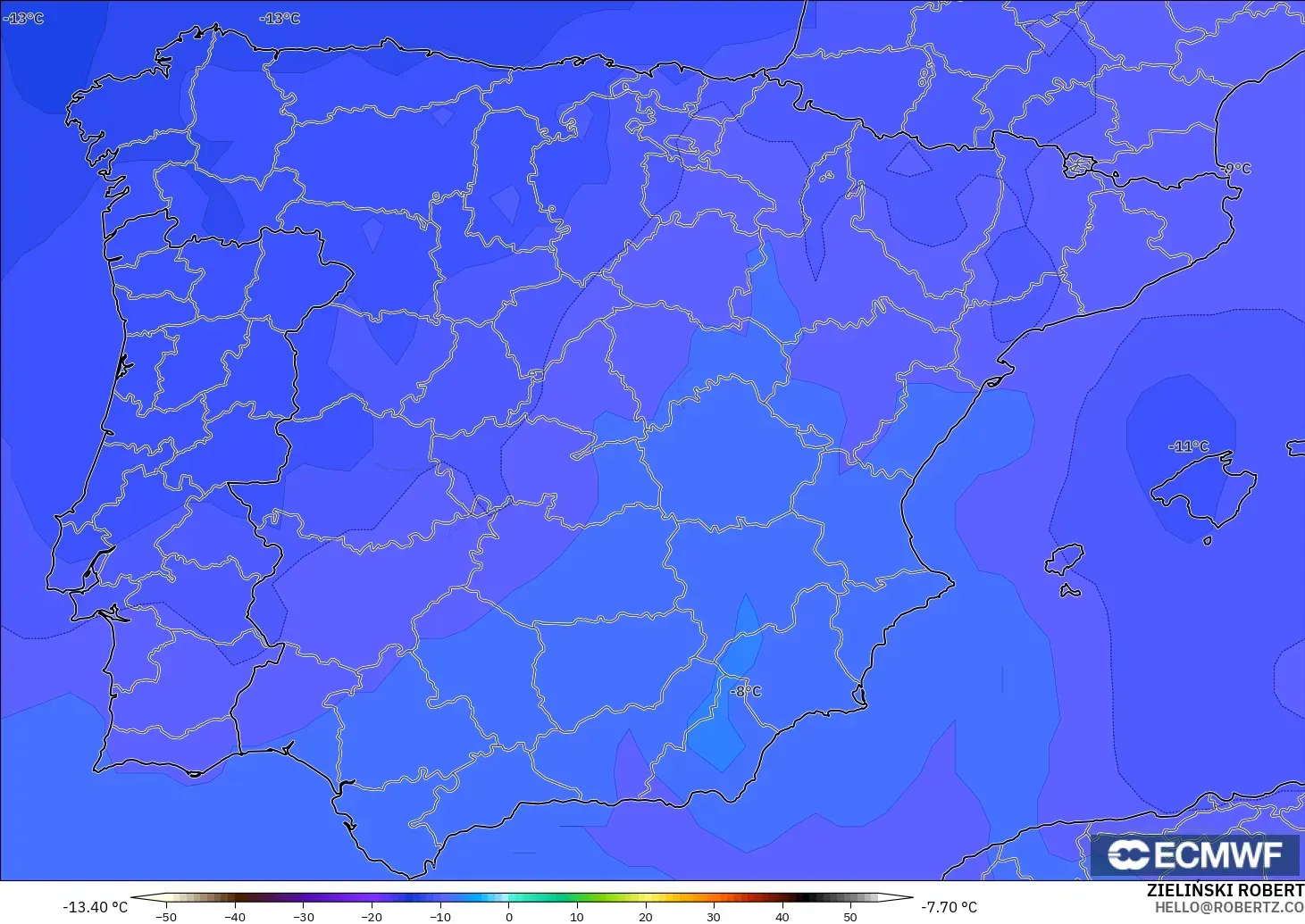 ECMWF IFS 0.25° modelo - España, Temperatura a 500 hPa