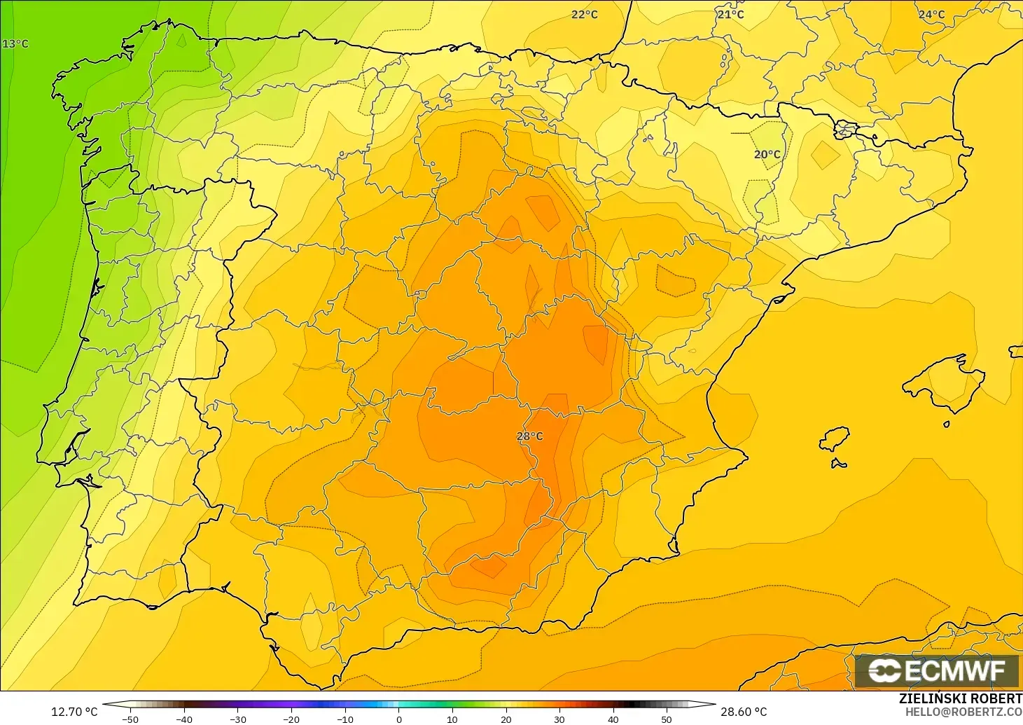 ECMWF IFS 0.25° modelo - España, Temperatura a 850 hPa