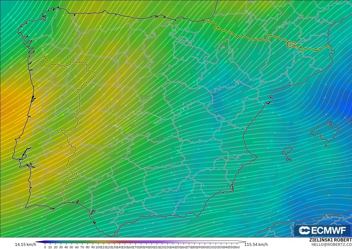 ECMWF IFS 0.25° modelo - España, Viento a 300 hPa (corriente en chorro)