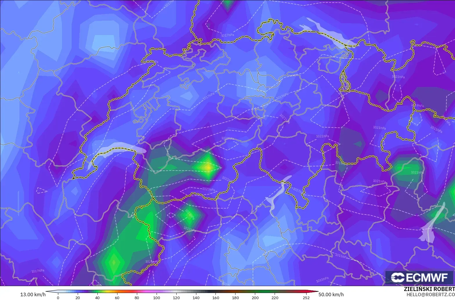 ECMWF IFS 0.25° modelo - Suiza, Ráfagas de viento
