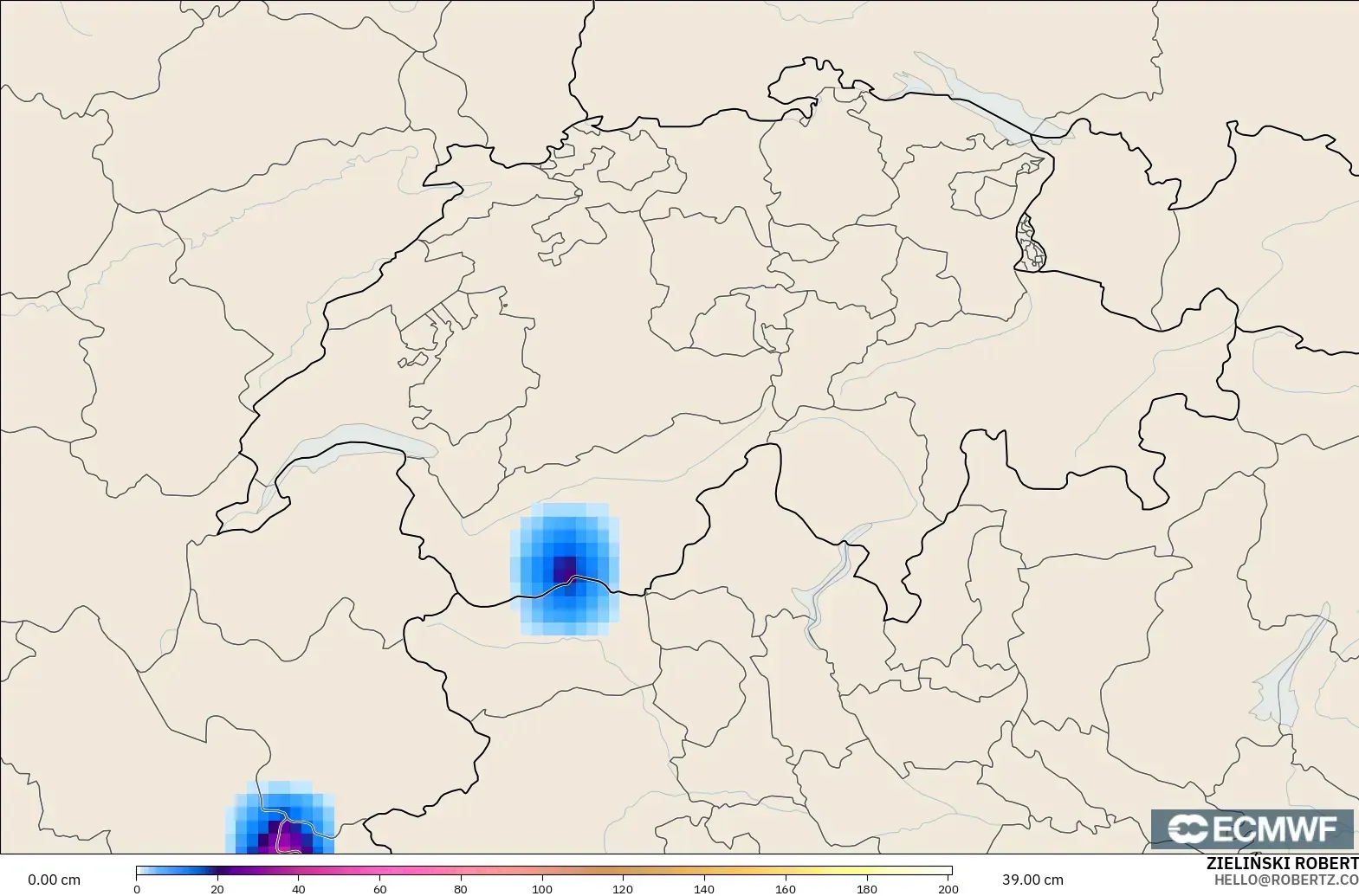 ECMWF IFS 0.25° modelo - Suiza, Profundidad de nieve