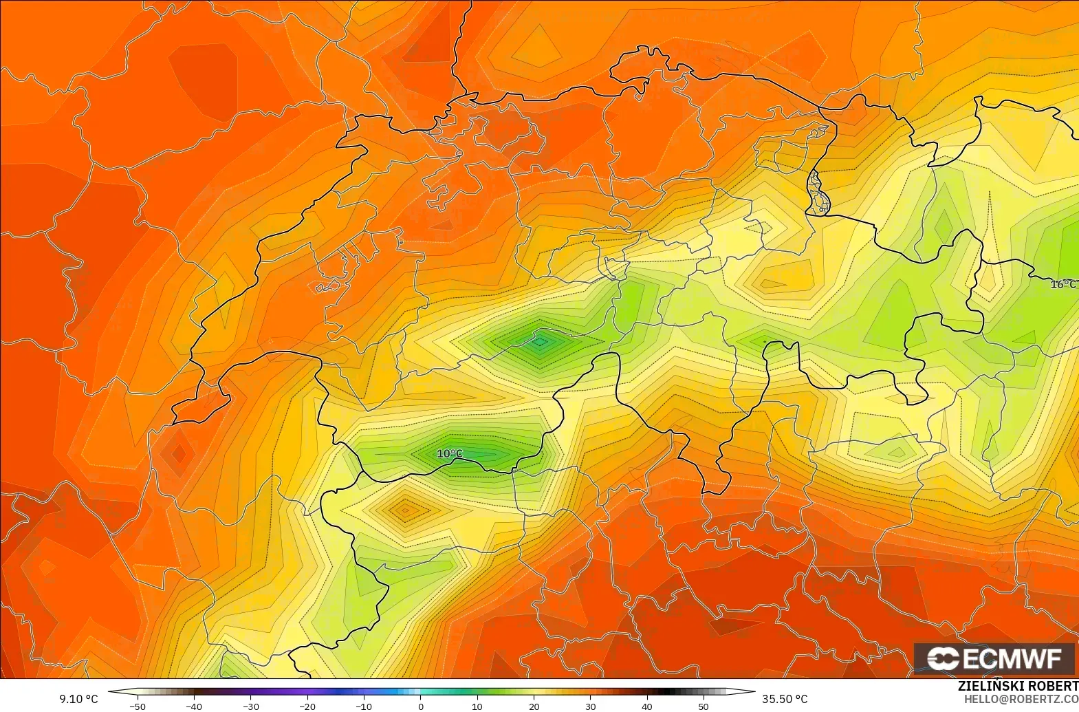 ECMWF IFS 0.25° modelo - Suiza, Temperatura a 2 m