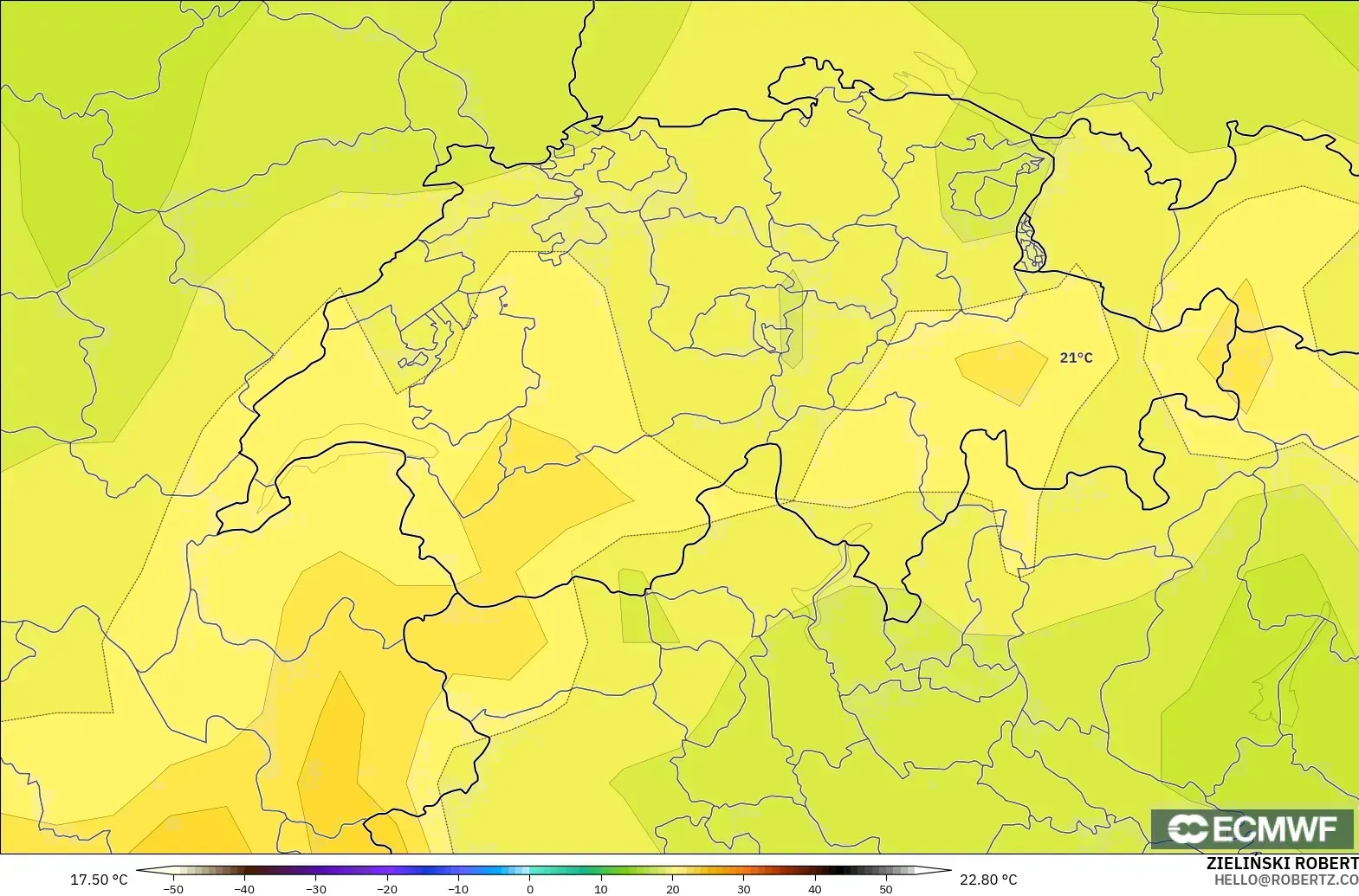ECMWF IFS 0.25° modelo - Suiza, Temperatura a 850 hPa