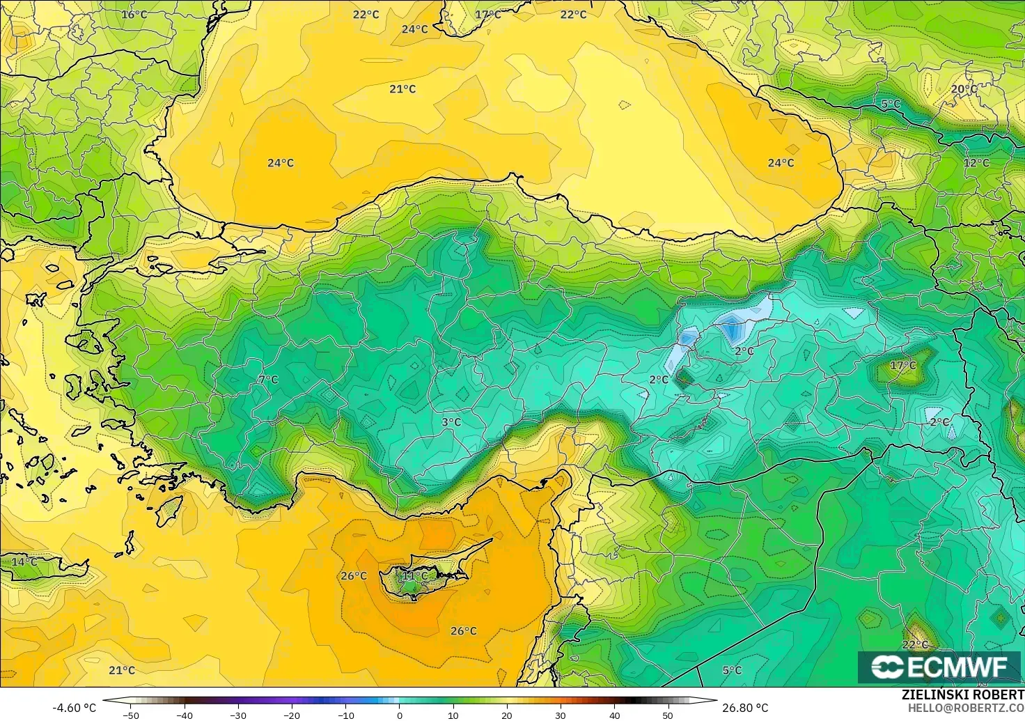 ECMWF IFS 0.25° modelo - Turquía, Punto de rocío a 2 m