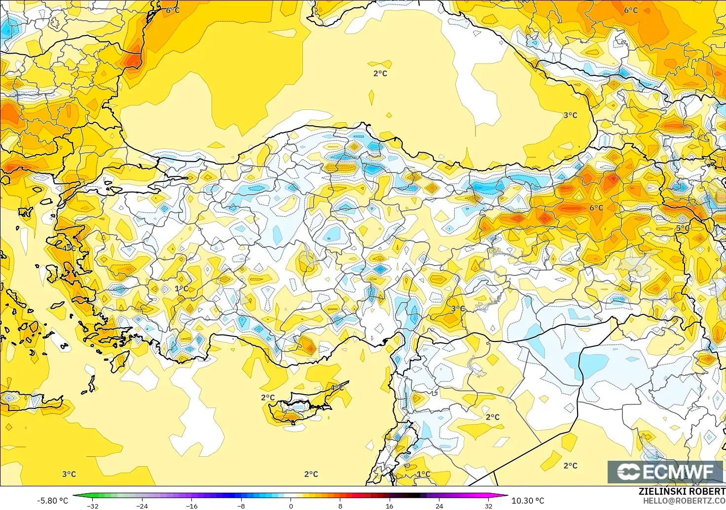 ECMWF IFS 0.25° modelo - Turquía, Anomalía de temperatura a 2 m