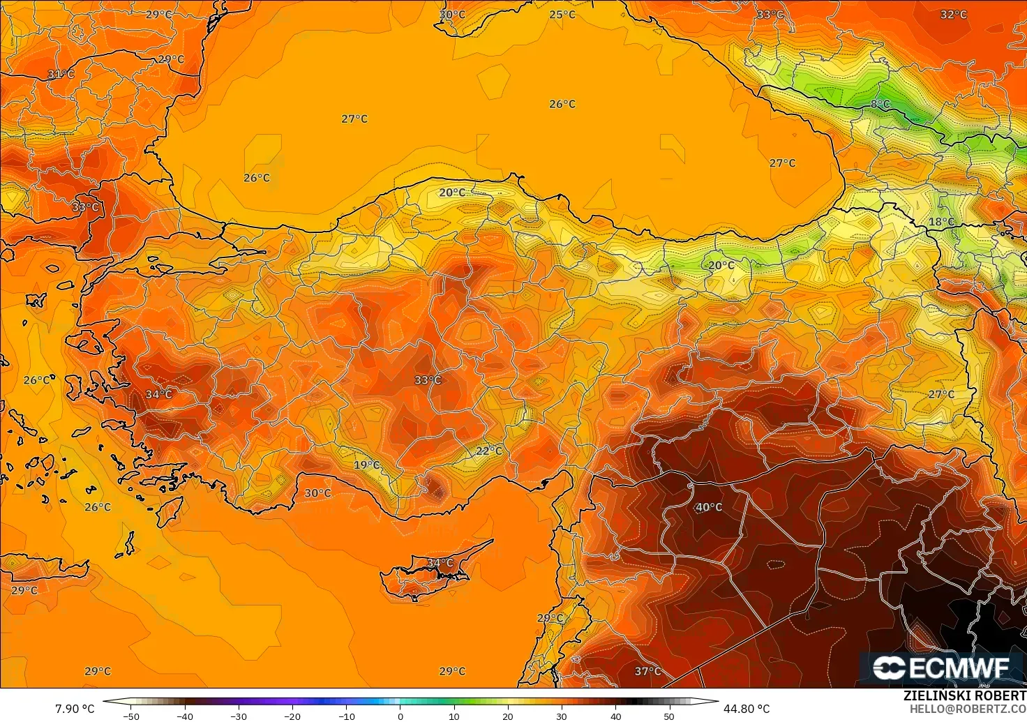 ECMWF IFS 0.25° modelo - Turquía, Temperatura a 2 m