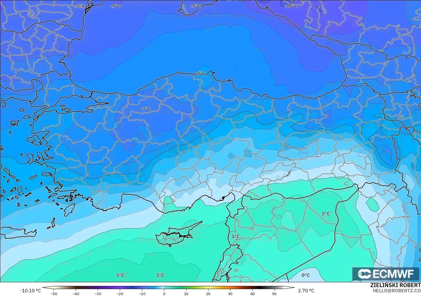 ECMWF IFS 0.25° modelo - Turquía, Temperatura a 500 hPa