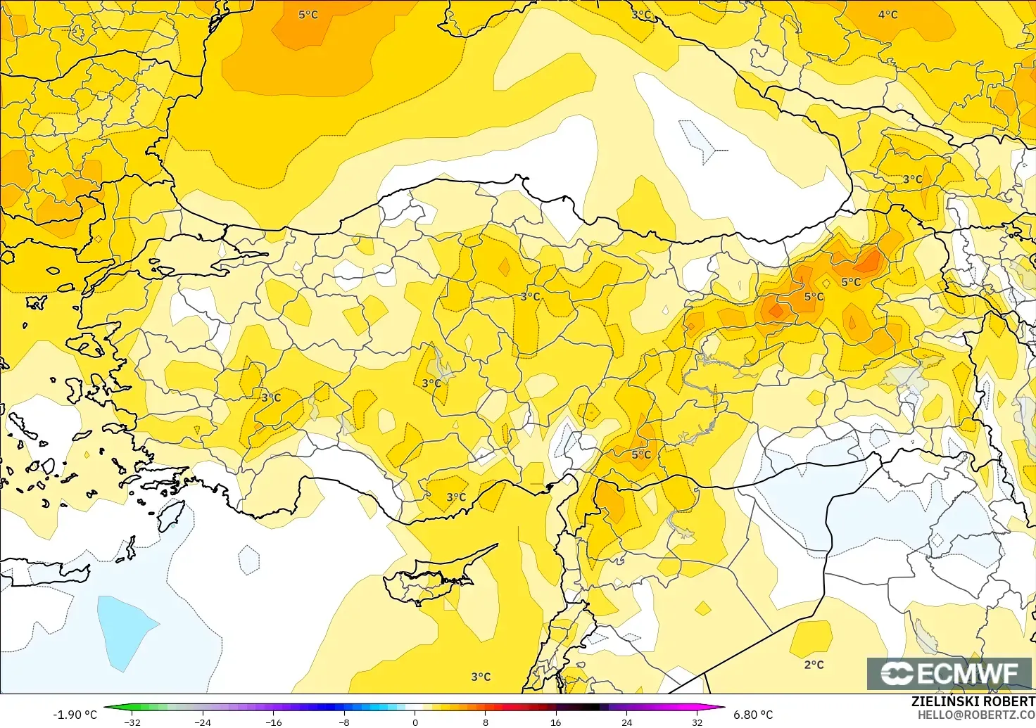 ECMWF IFS 0.25° modelo - Turquía, Anomalía de temperatura a 850 hPa
