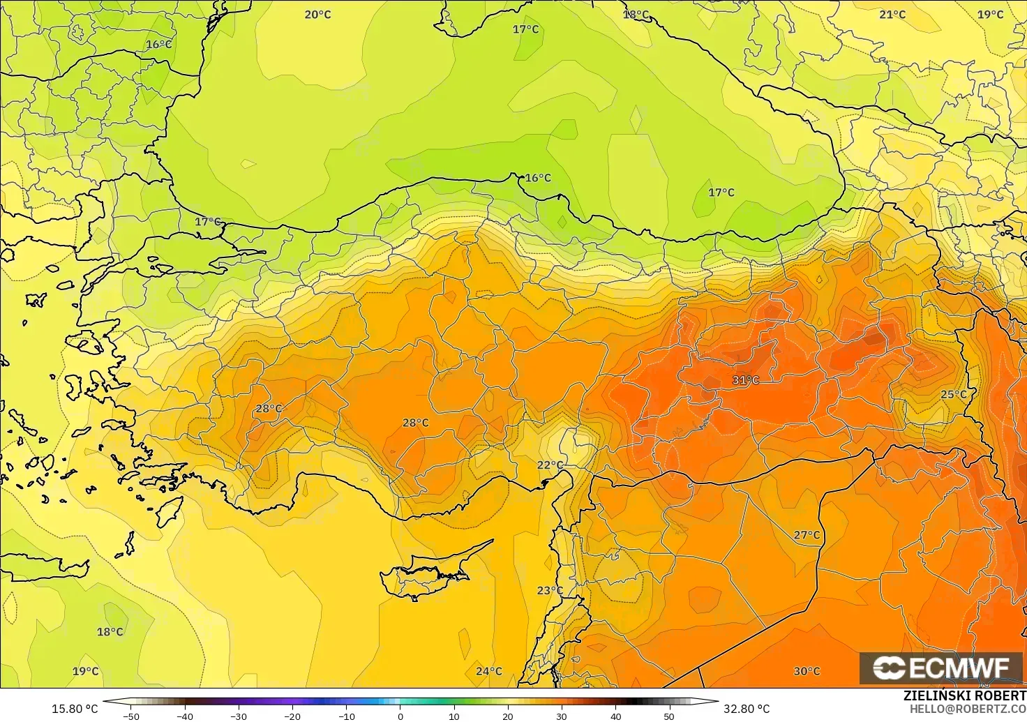 ECMWF IFS 0.25° modelo - Turquía, Temperatura a 850 hPa