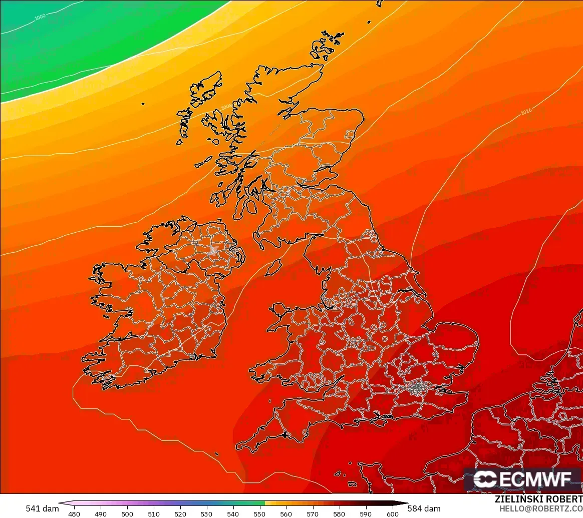 ECMWF IFS 0.25° modelo - Reino Unido, Altura geopotencial a 500 hPa