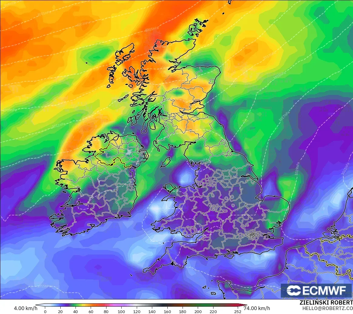 ECMWF IFS 0.25° modelo - Reino Unido, Ráfagas de viento