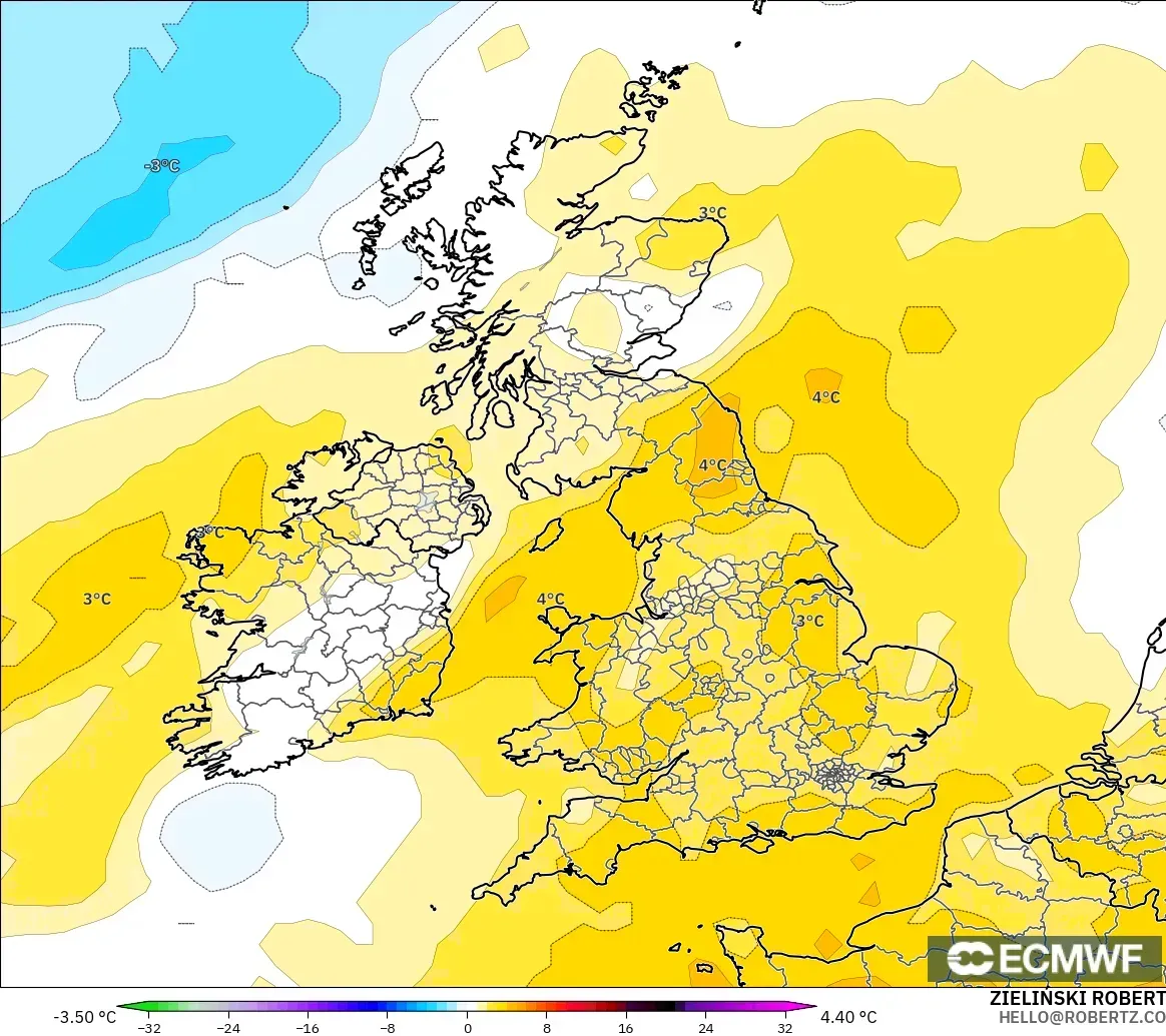ECMWF IFS 0.25° modelo - Reino Unido, Anomalía de temperatura a 850 hPa