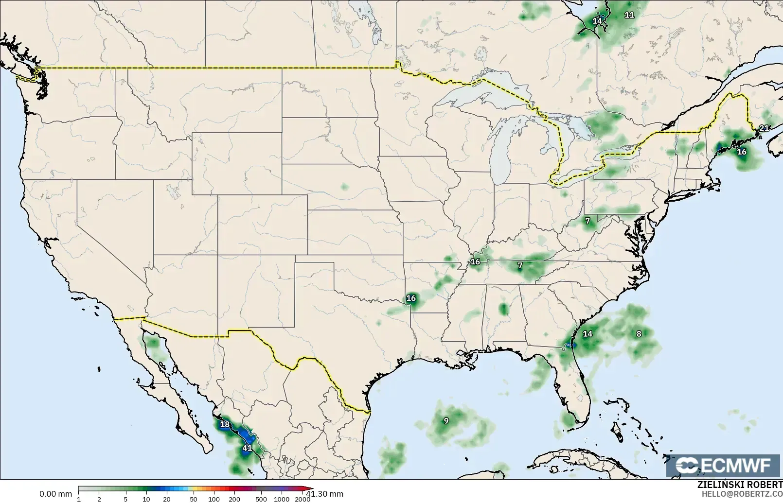 ECMWF IFS 0.25° modelo - Estados Unidos, Acumulación de precipitación