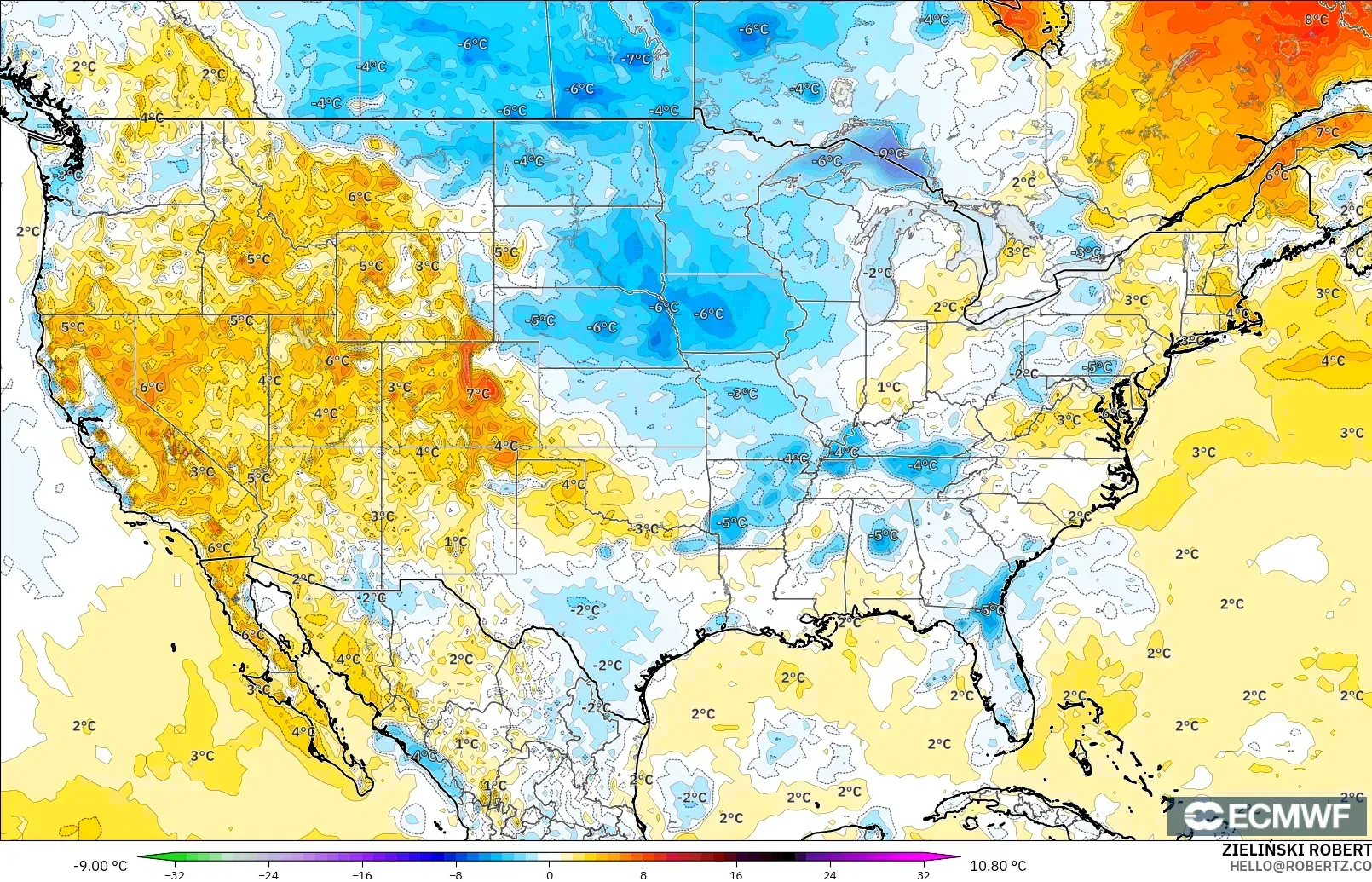 ECMWF IFS 0.25° modelo - Estados Unidos, Anomalía de temperatura a 2 m