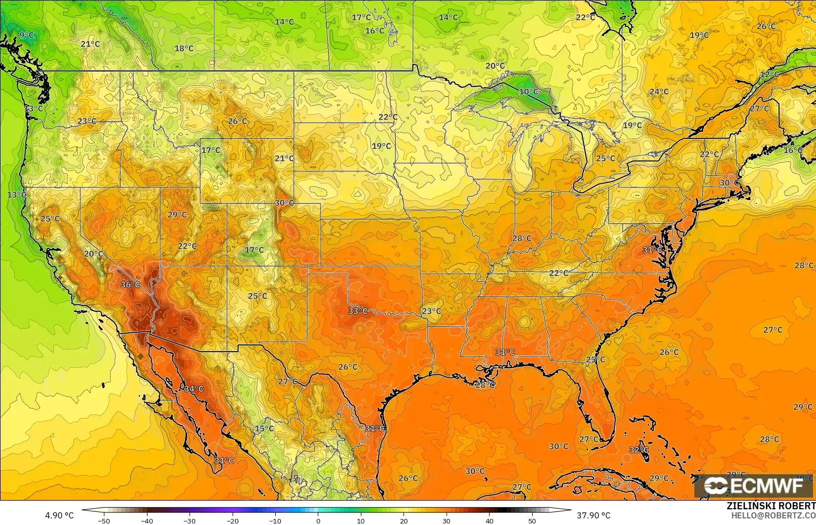 ECMWF IFS 0.25° modelo - Estados Unidos, Temperatura a 2 m