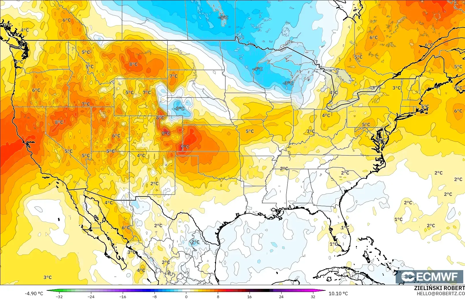 ECMWF IFS 0.25° modelo - Estados Unidos, Anomalía de temperatura a 850 hPa