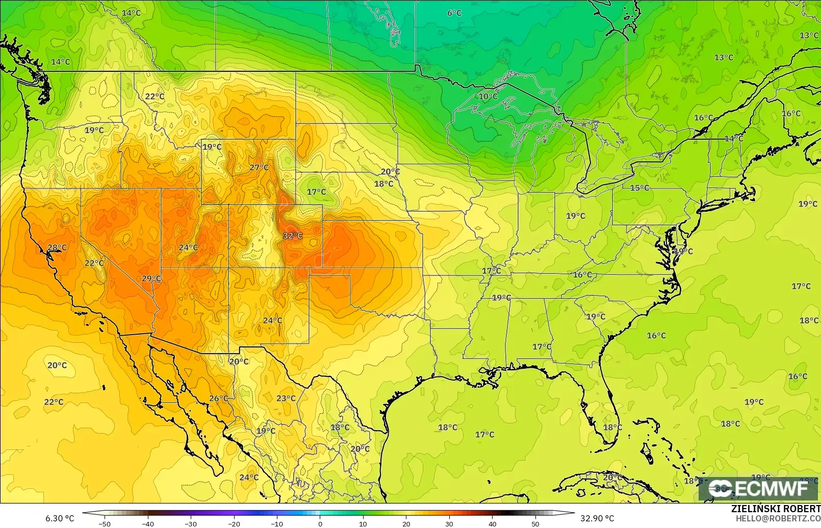 ECMWF IFS 0.25° modelo - Estados Unidos, Temperatura a 850 hPa