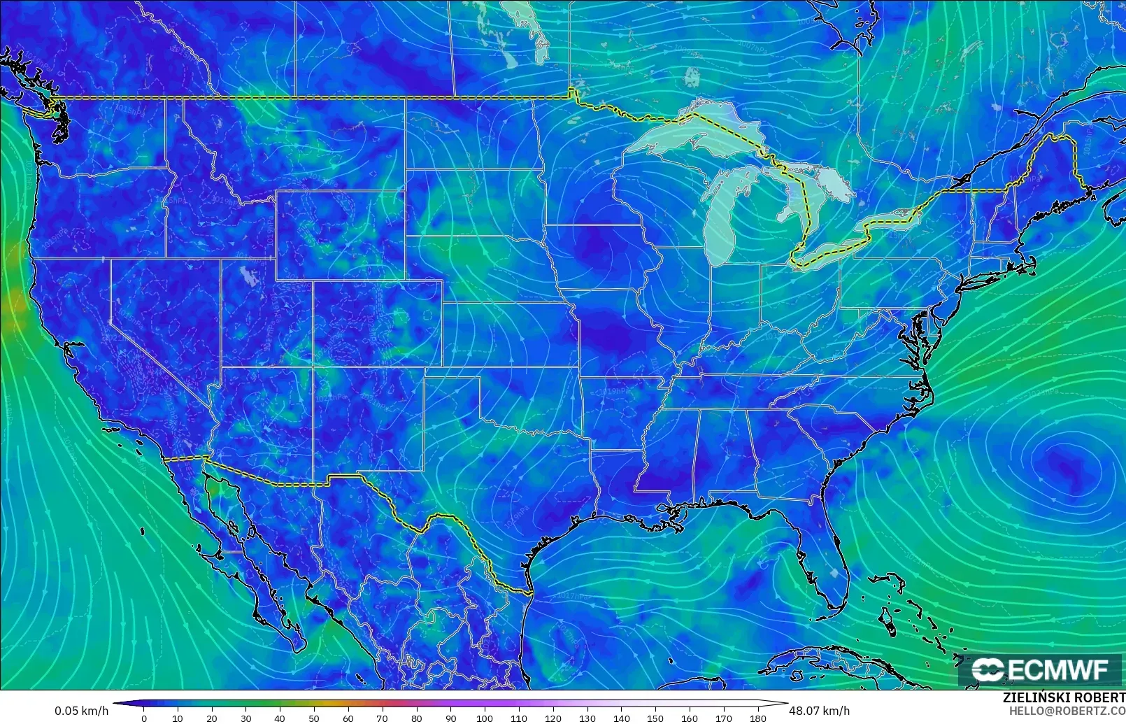 ECMWF IFS 0.25° modelo - Estados Unidos, Viento a 10 m