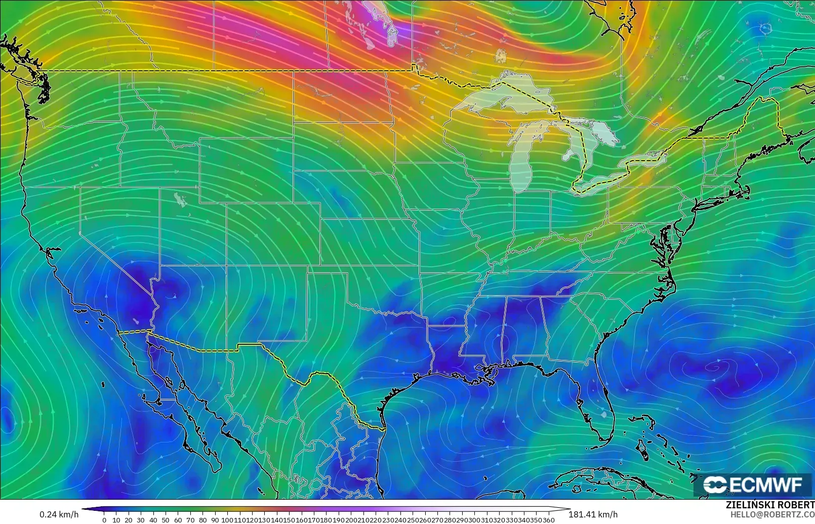 ECMWF IFS 0.25° modelo - Estados Unidos, Viento a 300 hPa (corriente en chorro)