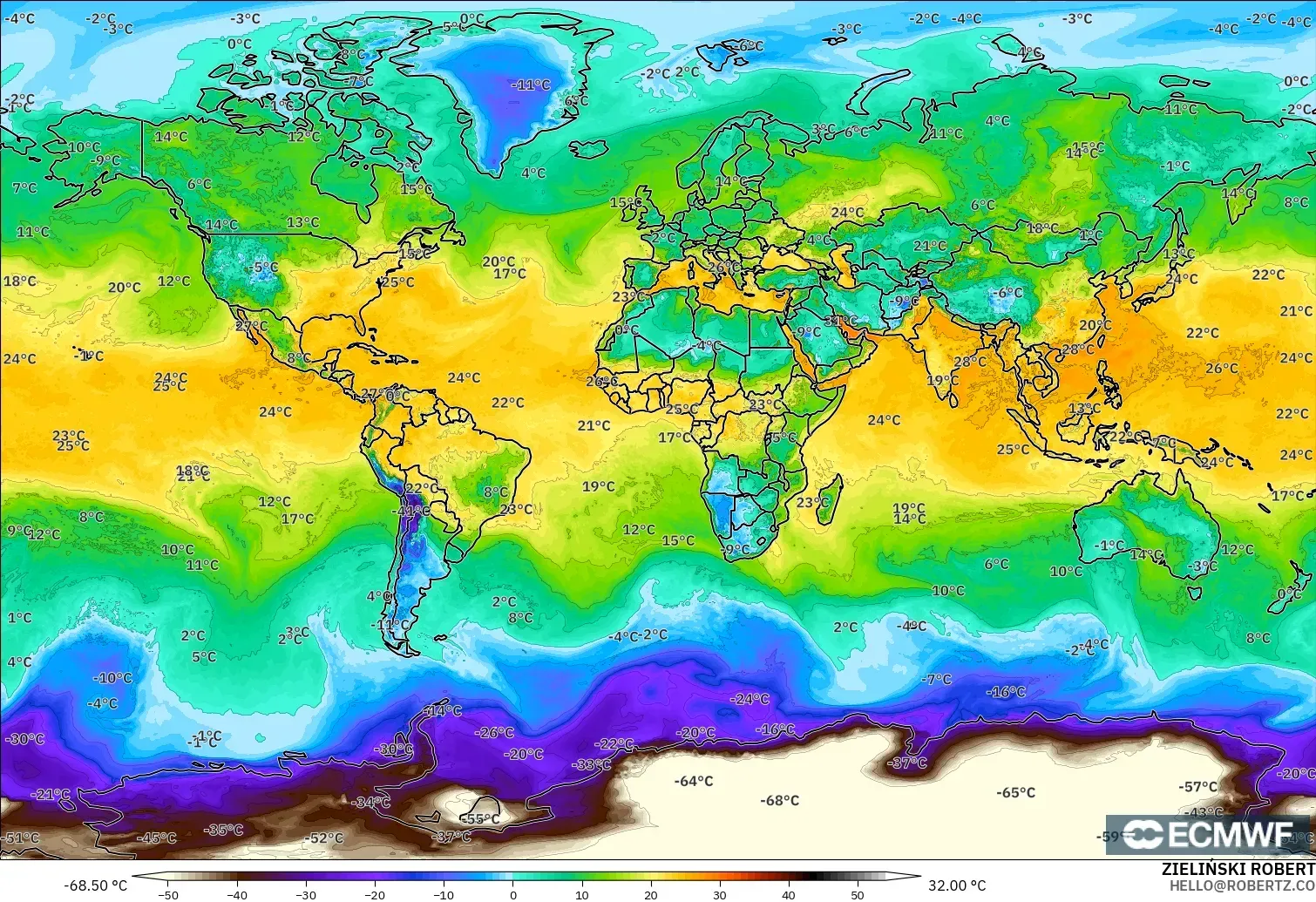 ECMWF IFS 0.25° modelo - Mundo, Punto de rocío a 2 m