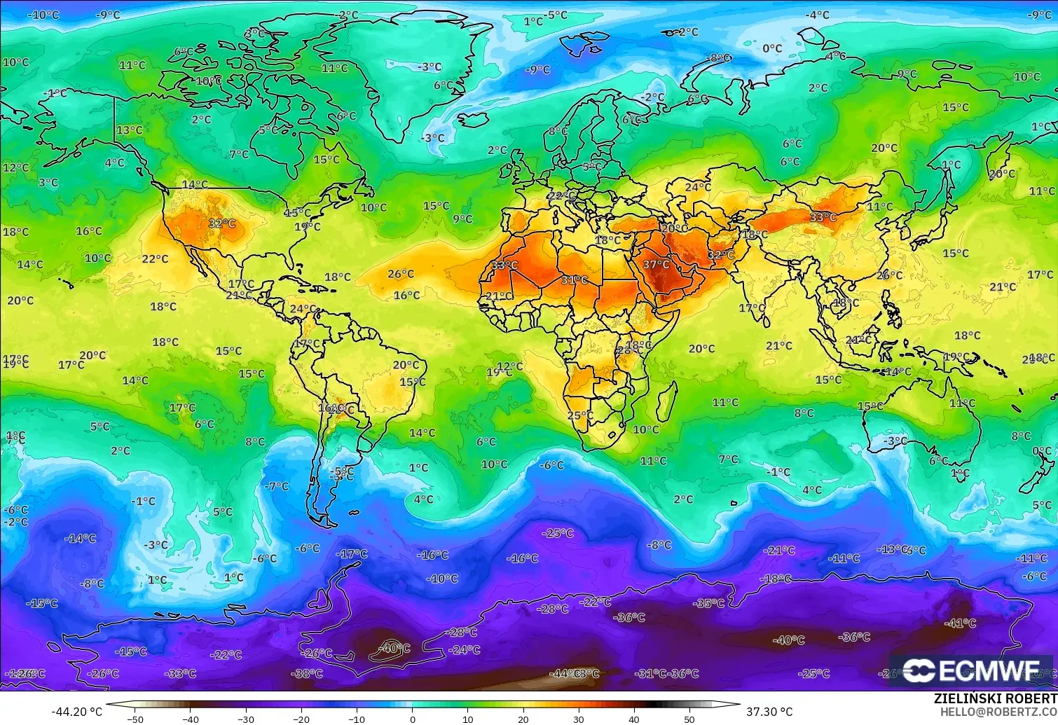 ECMWF IFS 0.25° modelo - Mundo, Temperatura a 850 hPa