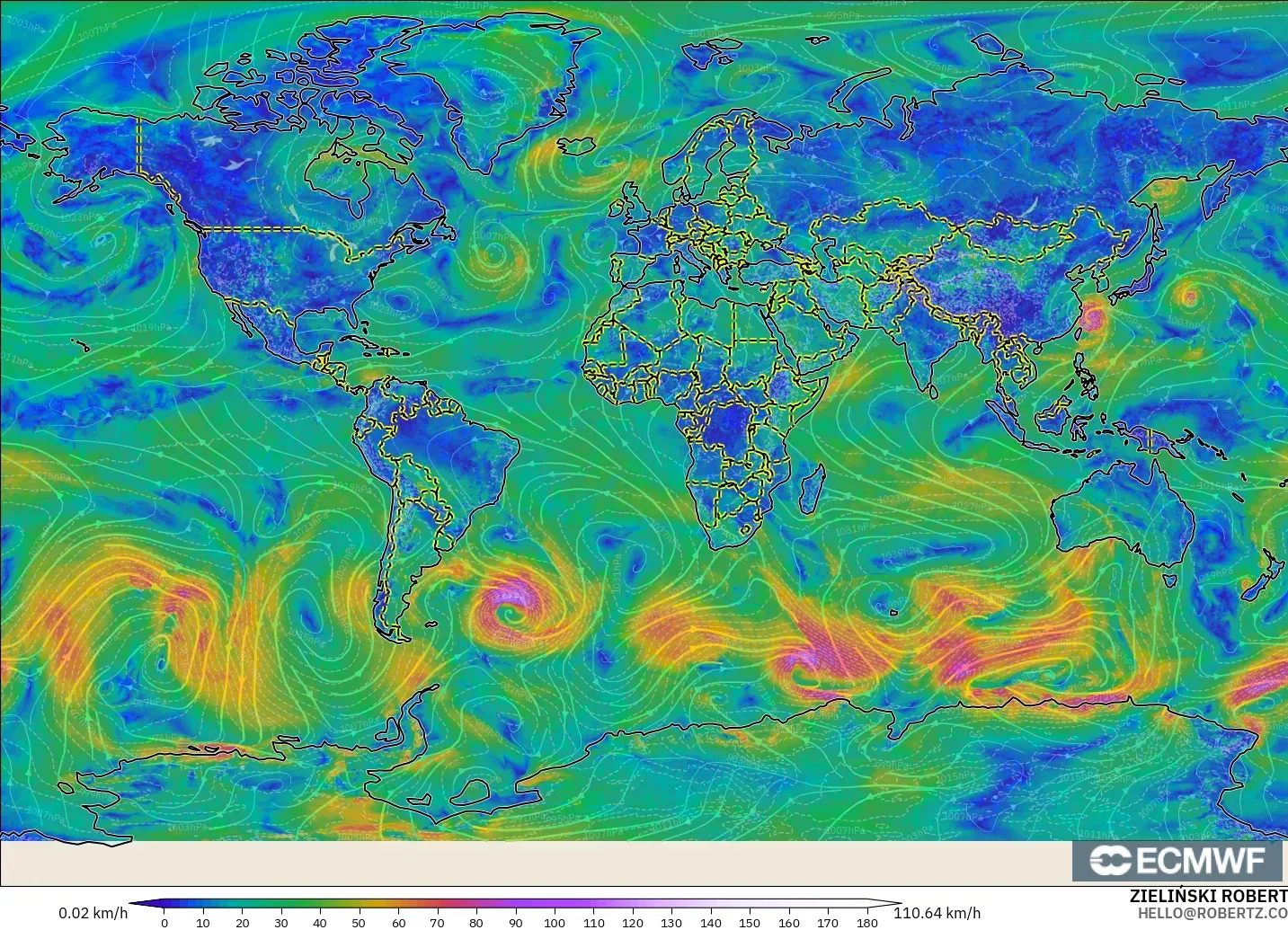 ECMWF IFS 0.25° modelo - Mundo, Viento a 10 m