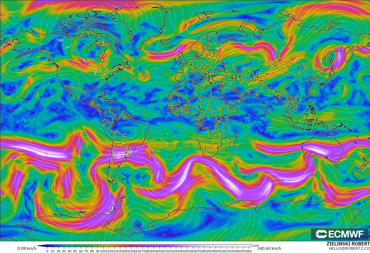 ECMWF IFS 0.25° modelo - Mundo, Viento a 300 hPa (corriente en chorro)