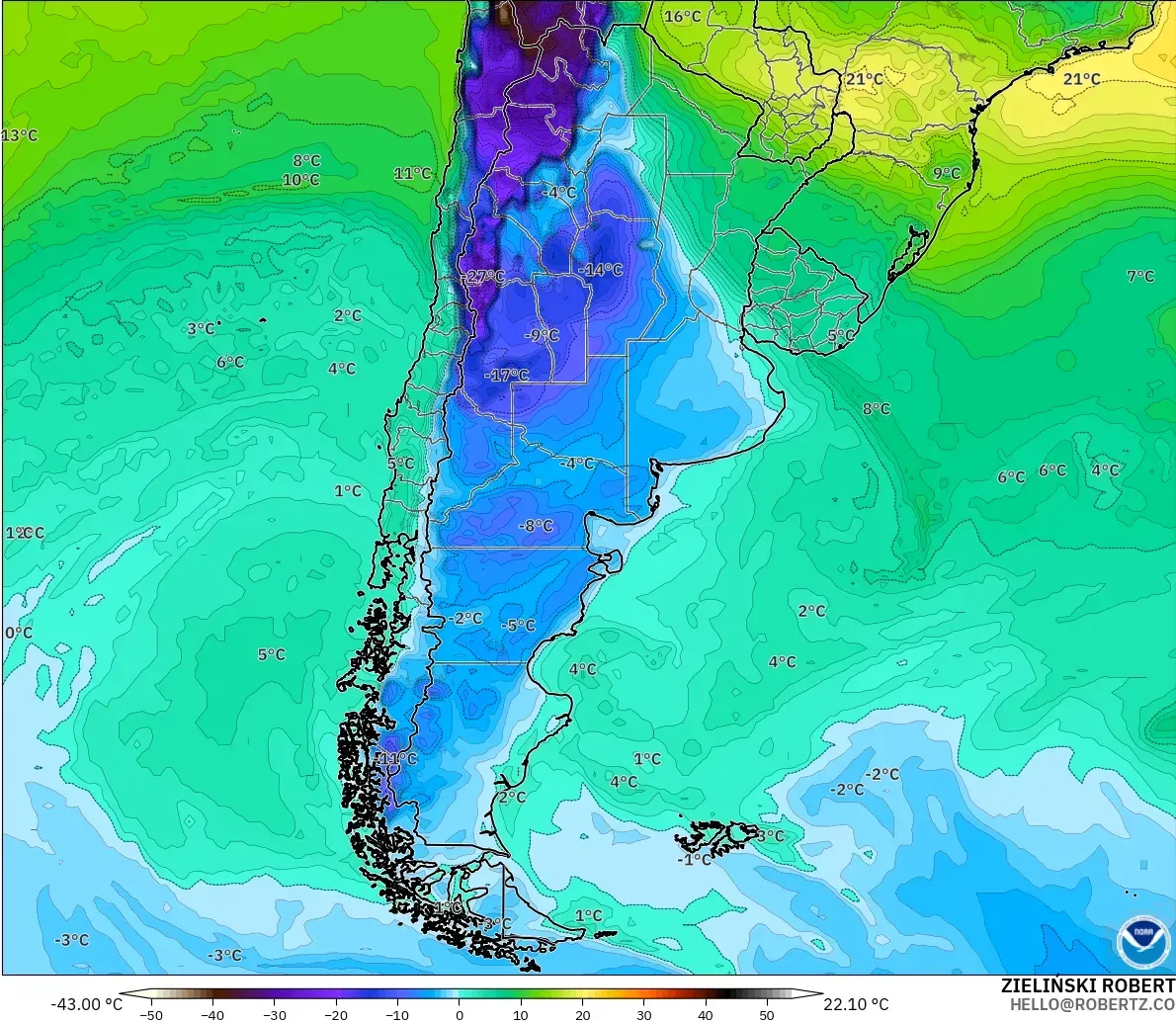 GFS modelo - Argentina, Punto de rocío a 2 m