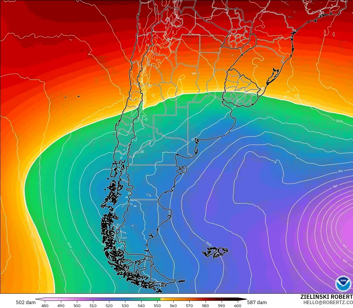 GFS modelo - Argentina, Altura geopotencial a 500 hPa