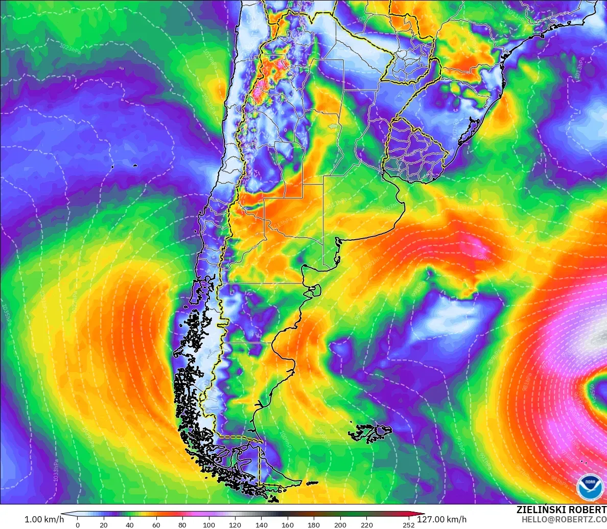 GFS modelo - Argentina, Ráfagas de Viento Máximas