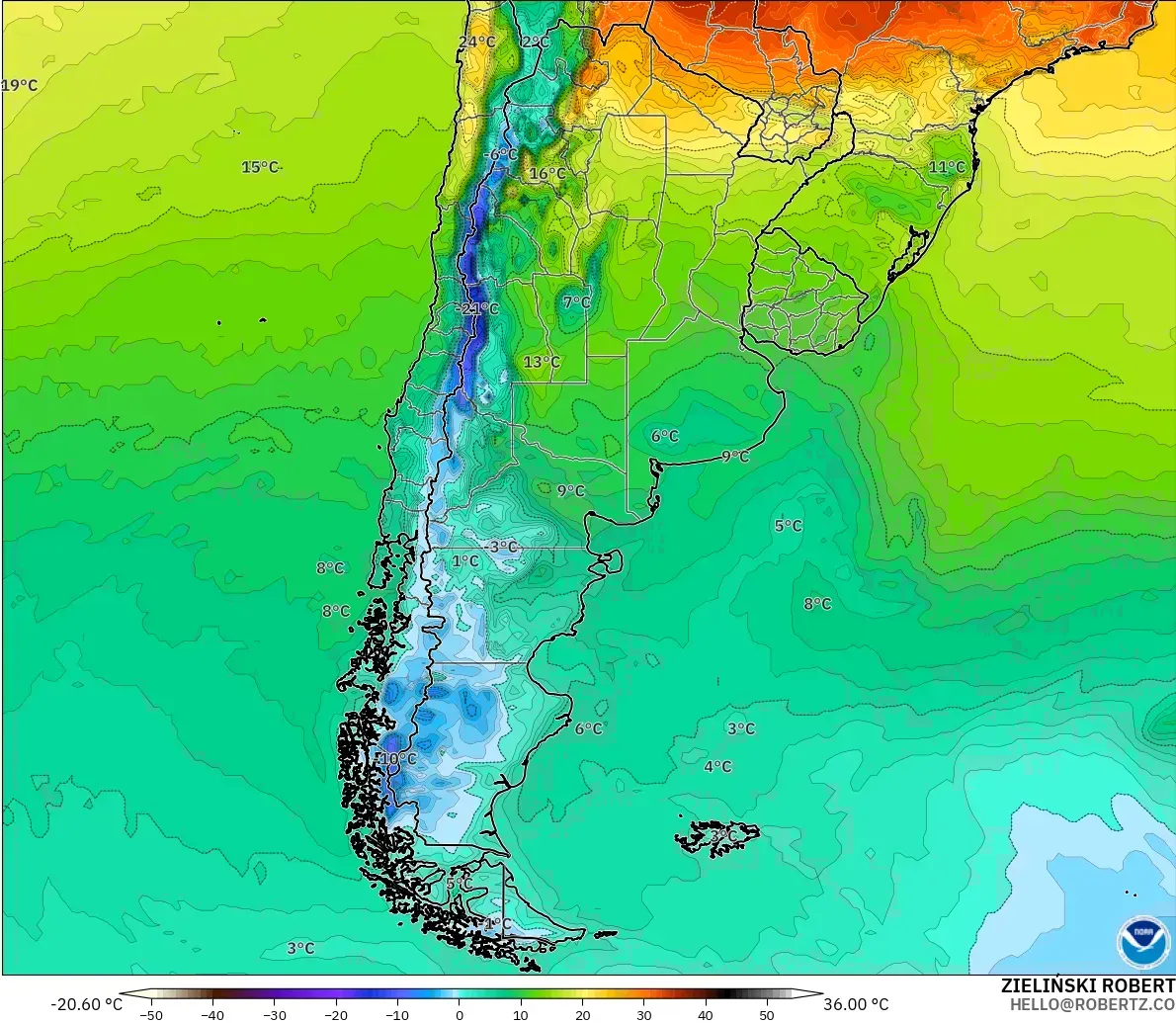 GFS modelo - Argentina, Temperatura a 2 m